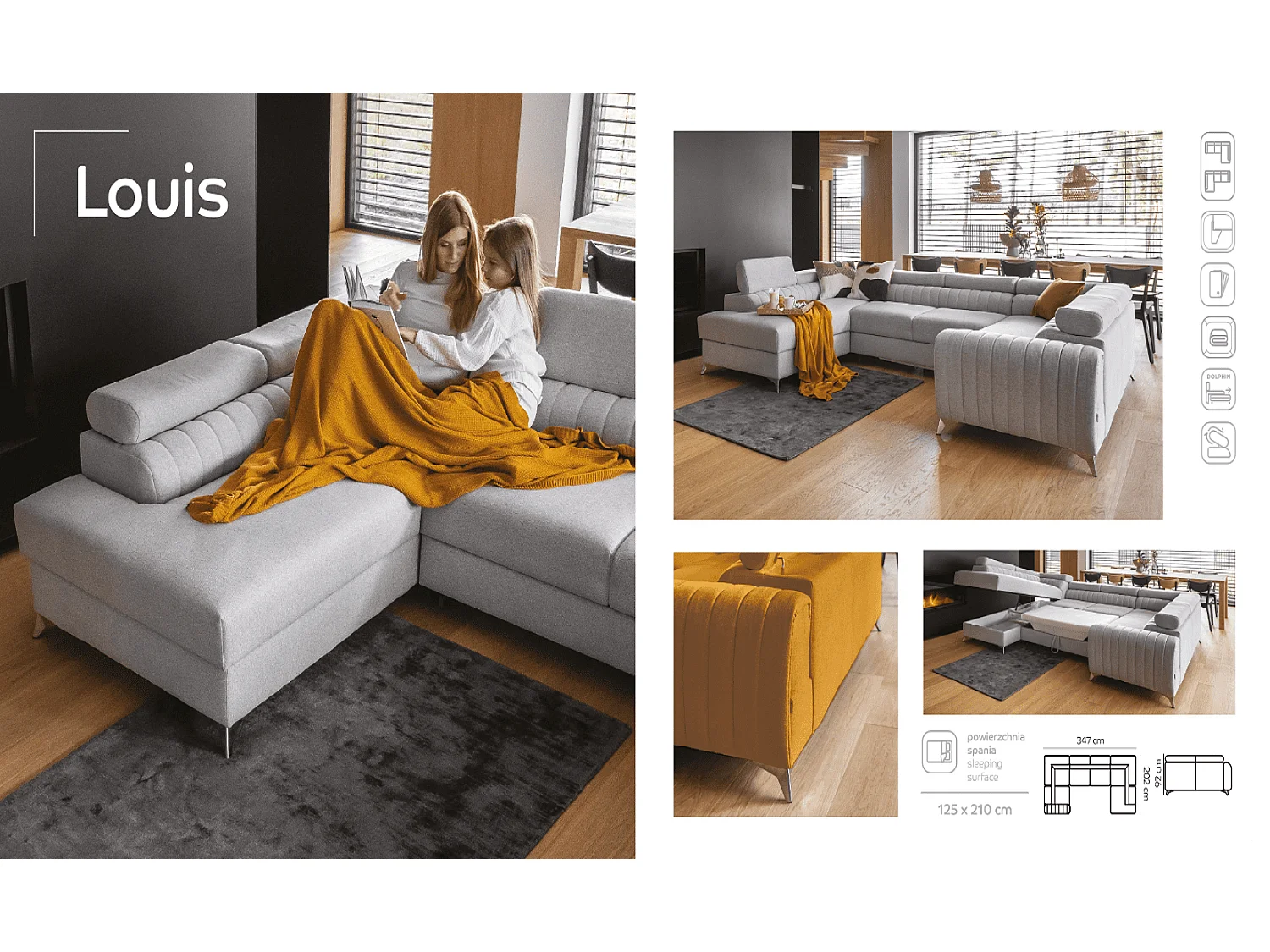 MYHOMELANDO Louis canapé panoramique – forme en U avec fonction couchage et coffre de rangement, tissu Poco