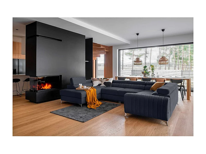 MYHOMELANDO Louis canapé panoramique – forme en U avec fonction couchage et coffre de rangement, tissu Poco