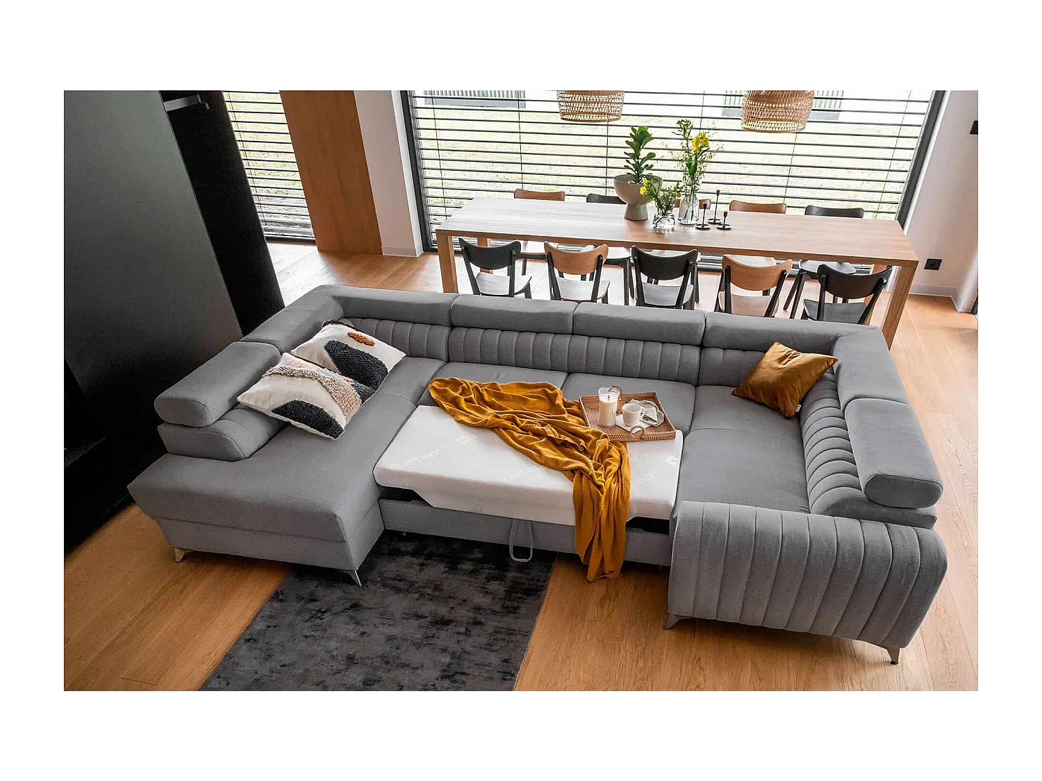MYHOMELANDO Louis canapé panoramique – forme en U avec fonction couchage et coffre de rangement, tissu Poco