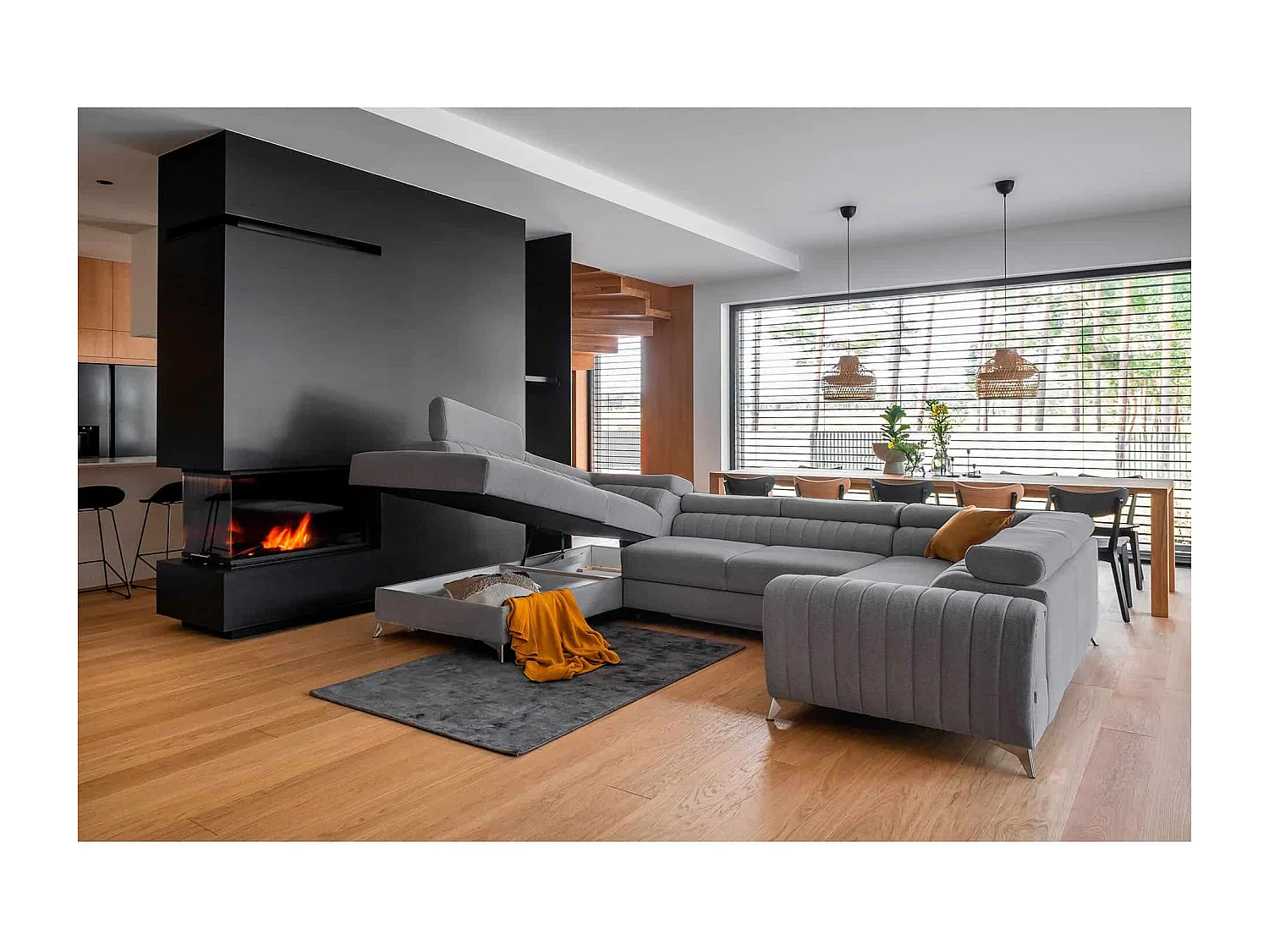 MYHOMELANDO Louis canapé panoramique – forme en U avec fonction couchage et coffre de rangement, tissu Poco