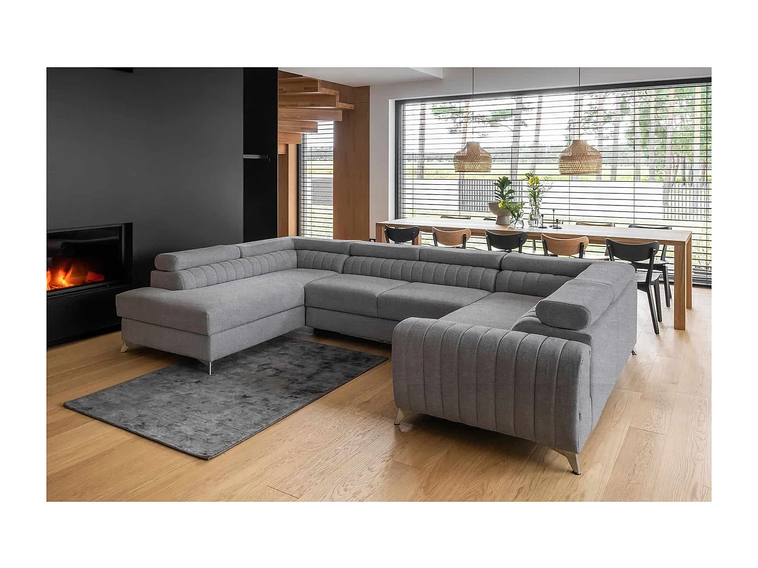 MYHOMELANDO Louis canapé panoramique – forme en U avec fonction couchage et coffre de rangement, tissu Poco