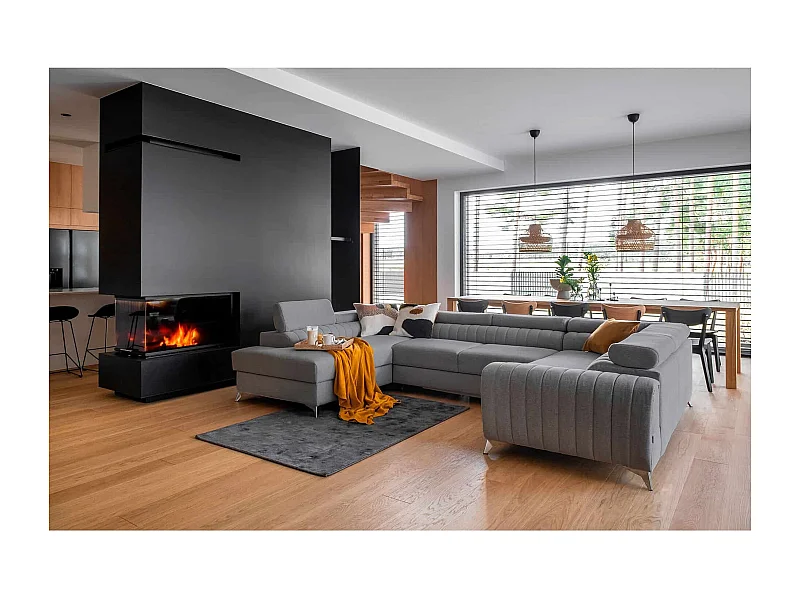 MYHOMELANDO Louis canapé panoramique – forme en U avec fonction couchage et coffre de rangement, tissu Poco