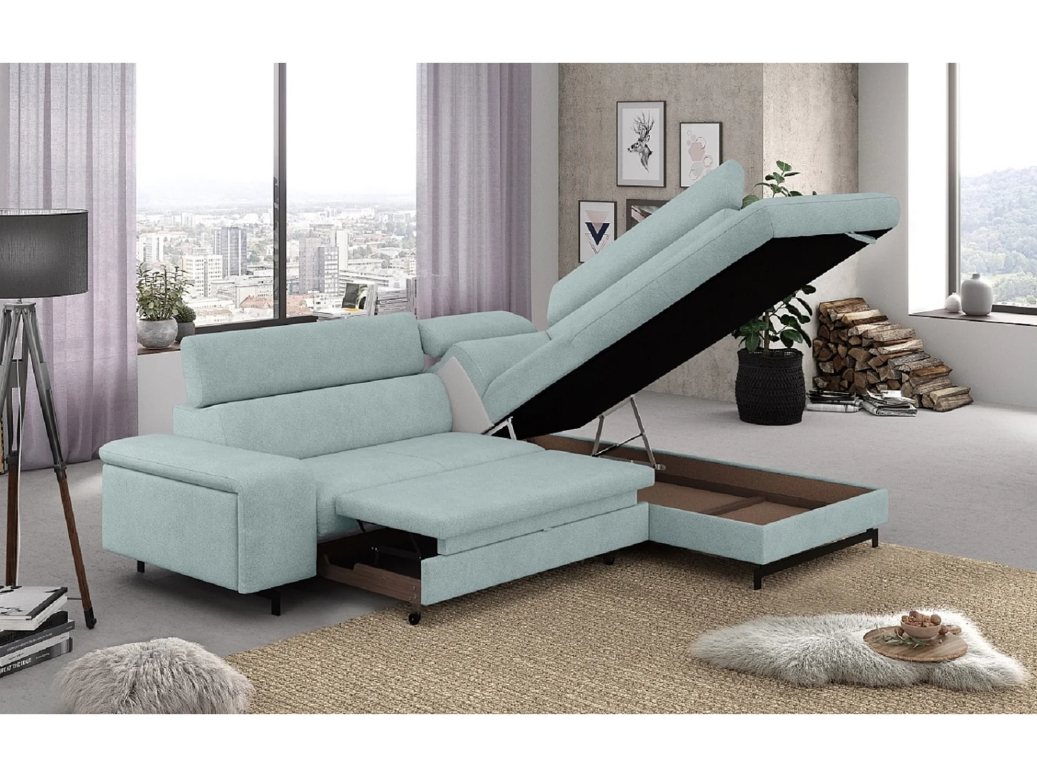 MYHOMELANDO Emma hoekbank – L-vorm met slaapfunctie en opbergruimte, verstelbare hoofdsteunen