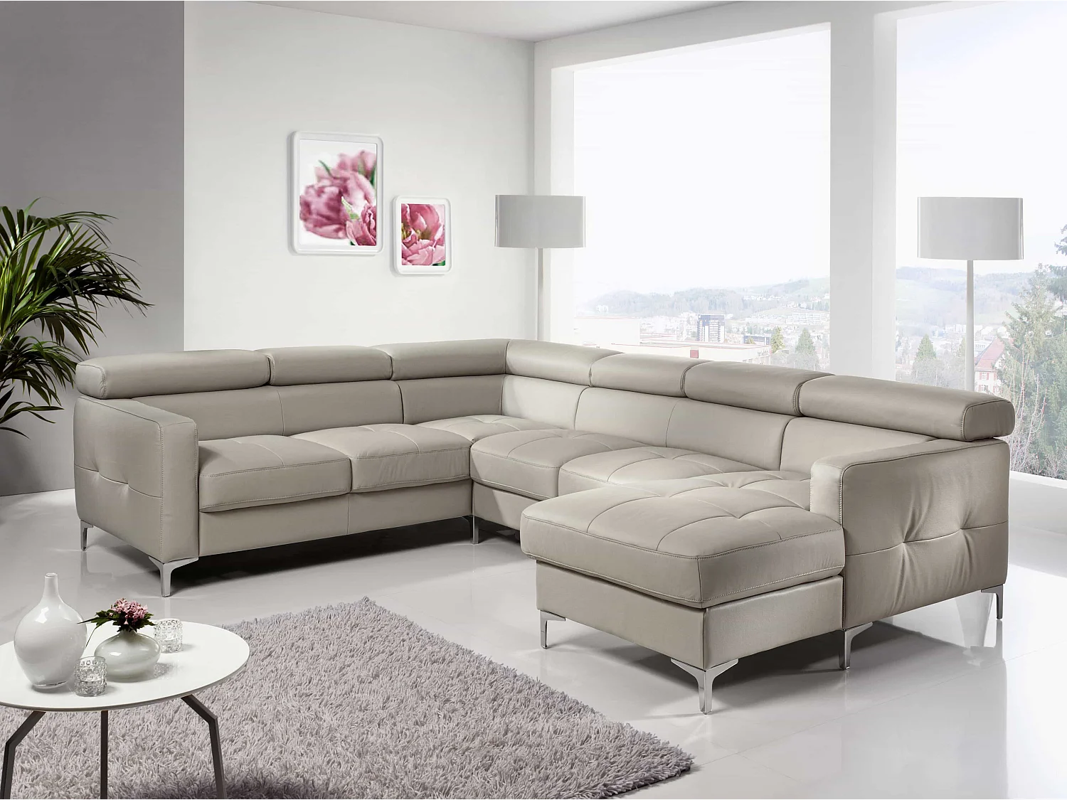 MYHOMELANDO Sammy echt leren woonlandschap – U-vorm met slaapfunctie, opbergruimte en verstelbare hoofdsteunen