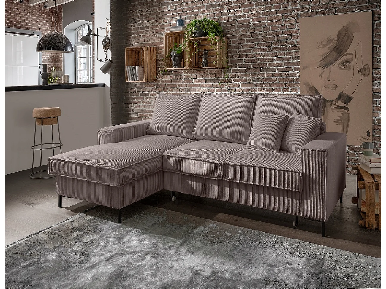 MYHOMELANDO Jerome hoekbank – L-vorm met slaapfunctie en opbergruimte, cordbekleding