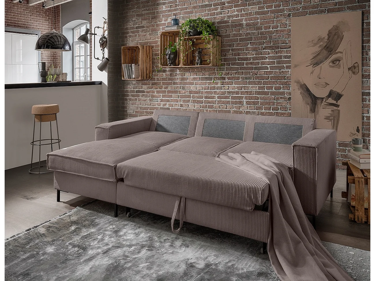 MYHOMELANDO Jerome hoekbank – L-vorm met slaapfunctie en opbergruimte, cordbekleding