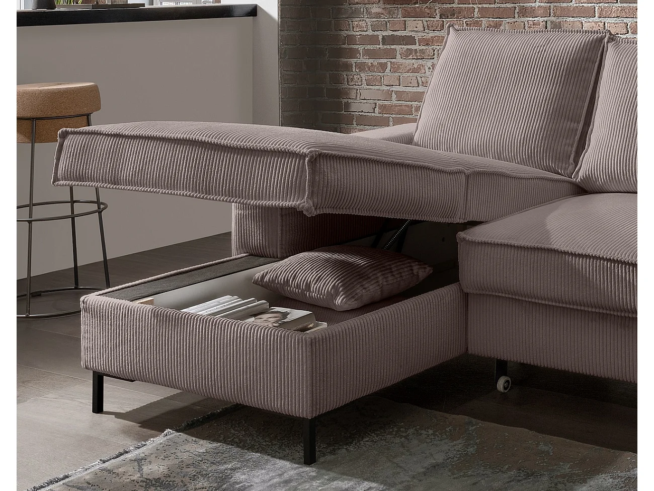 MYHOMELANDO Jerome hoekbank – L-vorm met slaapfunctie en opbergruimte, cordbekleding