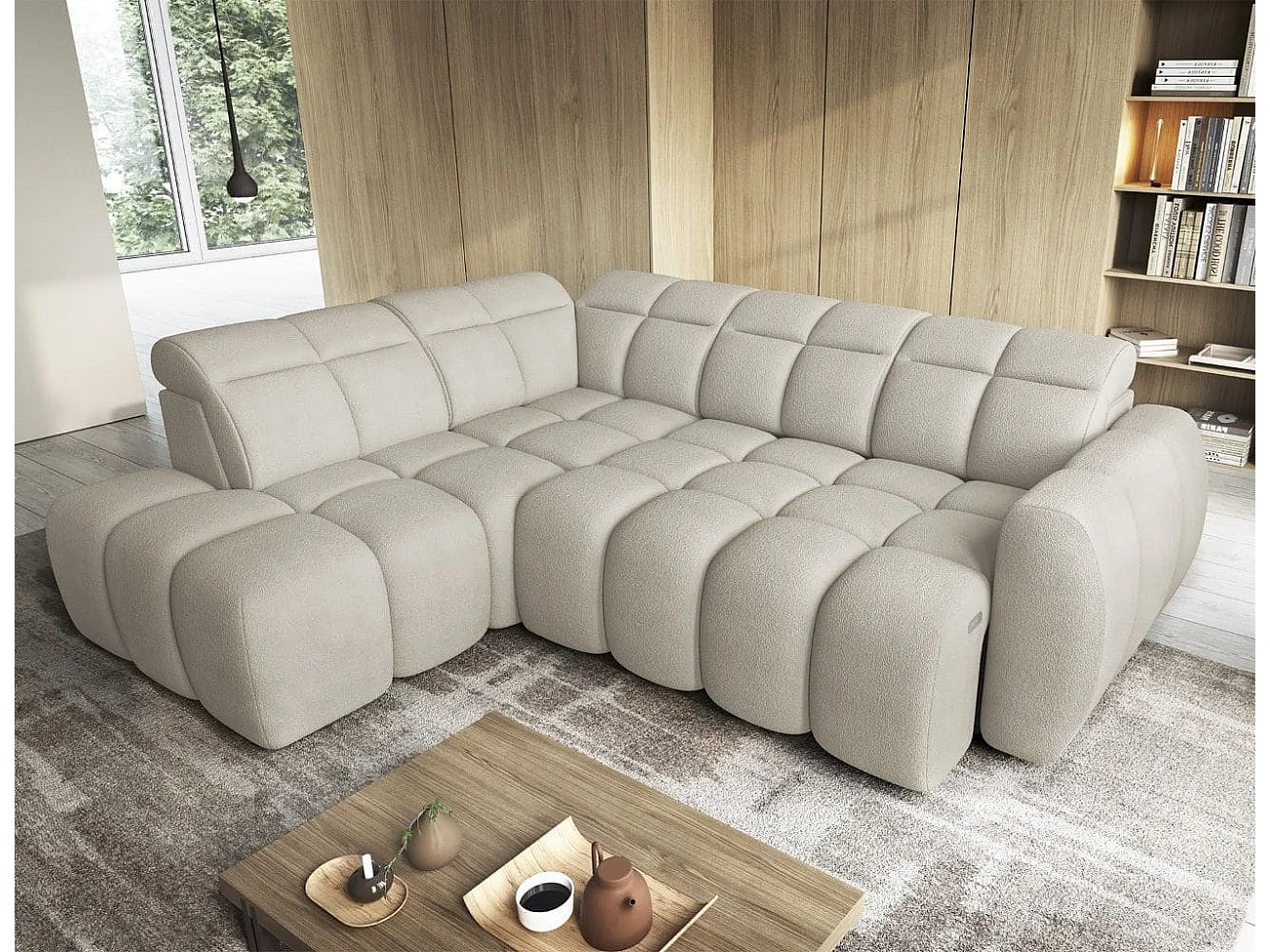 MYHOMELANDO Falconn canapé d’angle – forme en L avec avance électrique de l’assise, coffre de rangement et appuie-têtes réglables