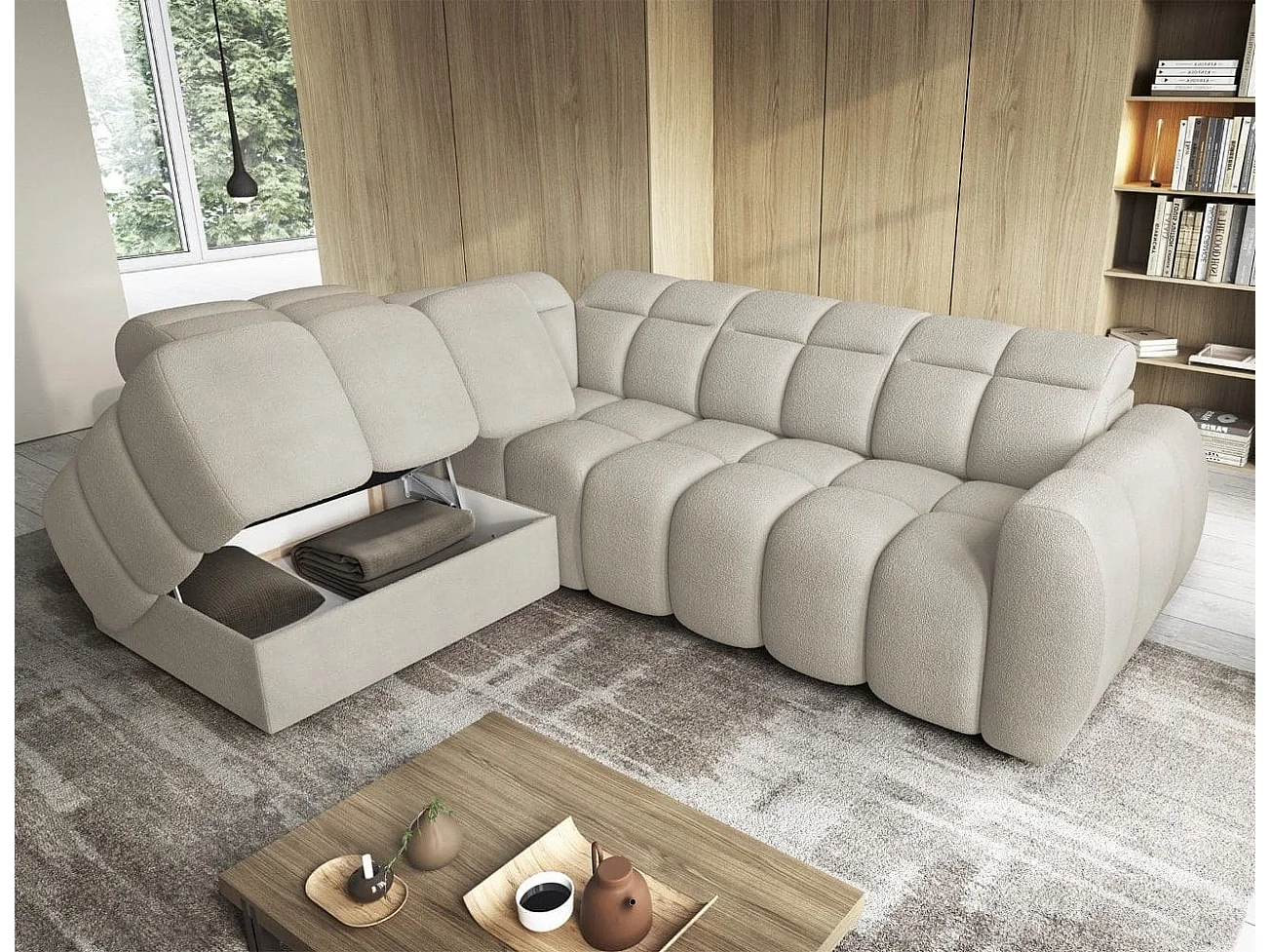 MYHOMELANDO Falconn canapé d’angle – forme en L avec avance électrique de l’assise, coffre de rangement et appuie-têtes réglables