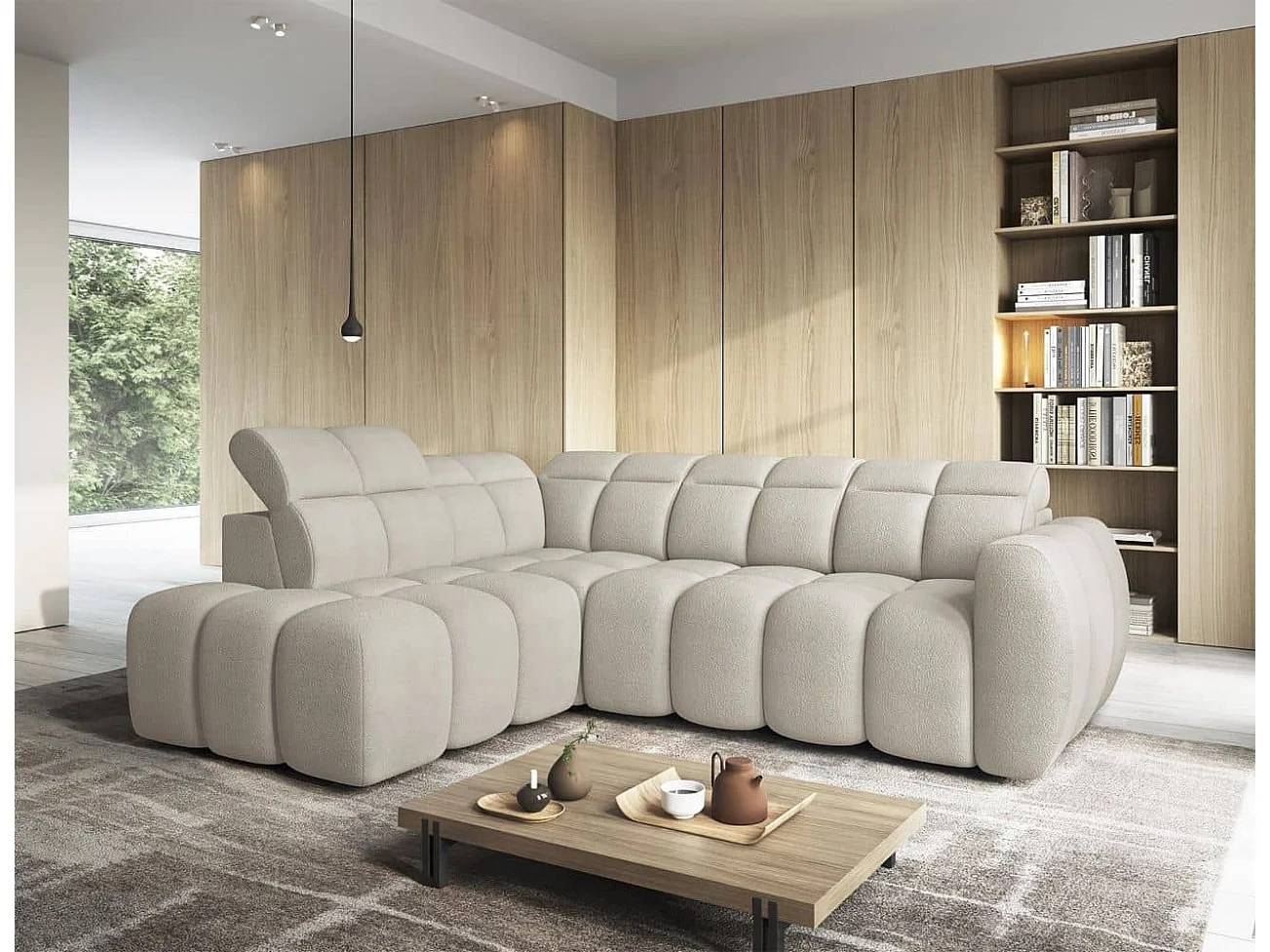 MYHOMELANDO Falconn canapé d’angle – forme en L avec avance électrique de l’assise, coffre de rangement et appuie-têtes réglables