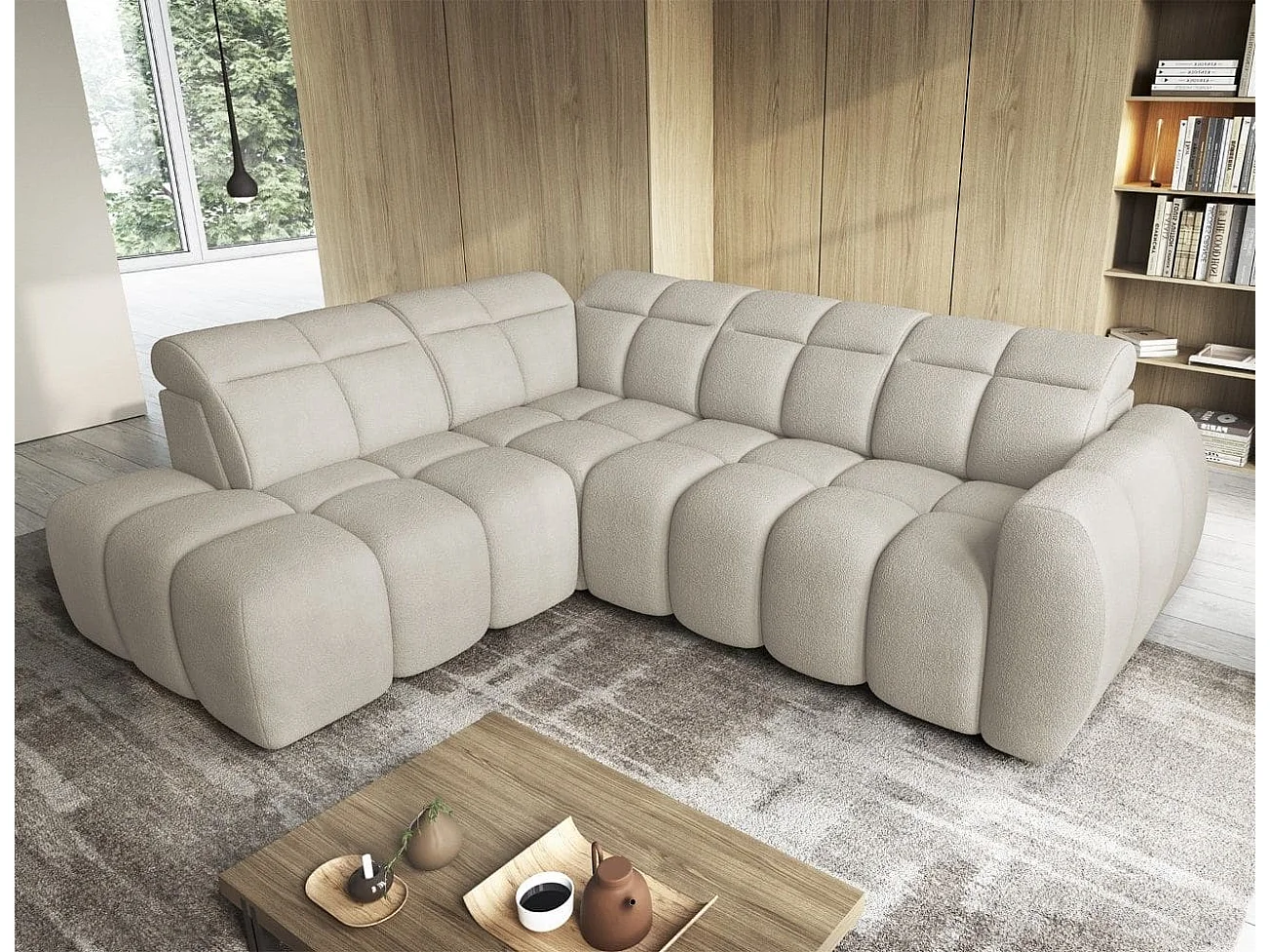 MYHOMELANDO Falconn canapé d’angle – forme en L avec avance électrique de l’assise, coffre de rangement et appuie-têtes réglables