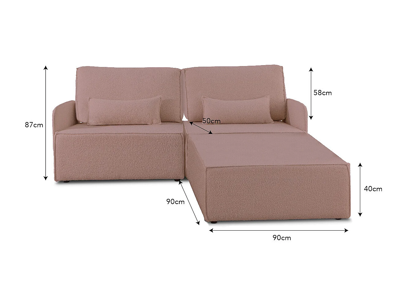 Canapé 2 places chaise longue en bouclé et en pin Rose clair