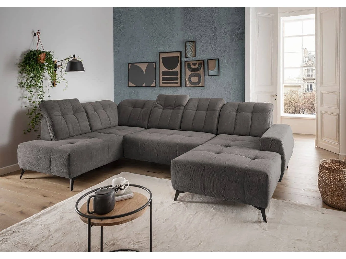 MYHOMELANDO Summer canapé panoramique – forme en U en tissu Coroni avec fonction relax électrique