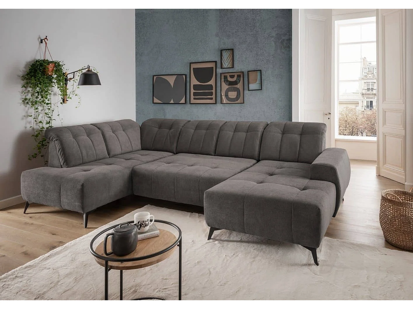 MYHOMELANDO Summer canapé panoramique – forme en U en tissu Coroni avec fonction relax électrique