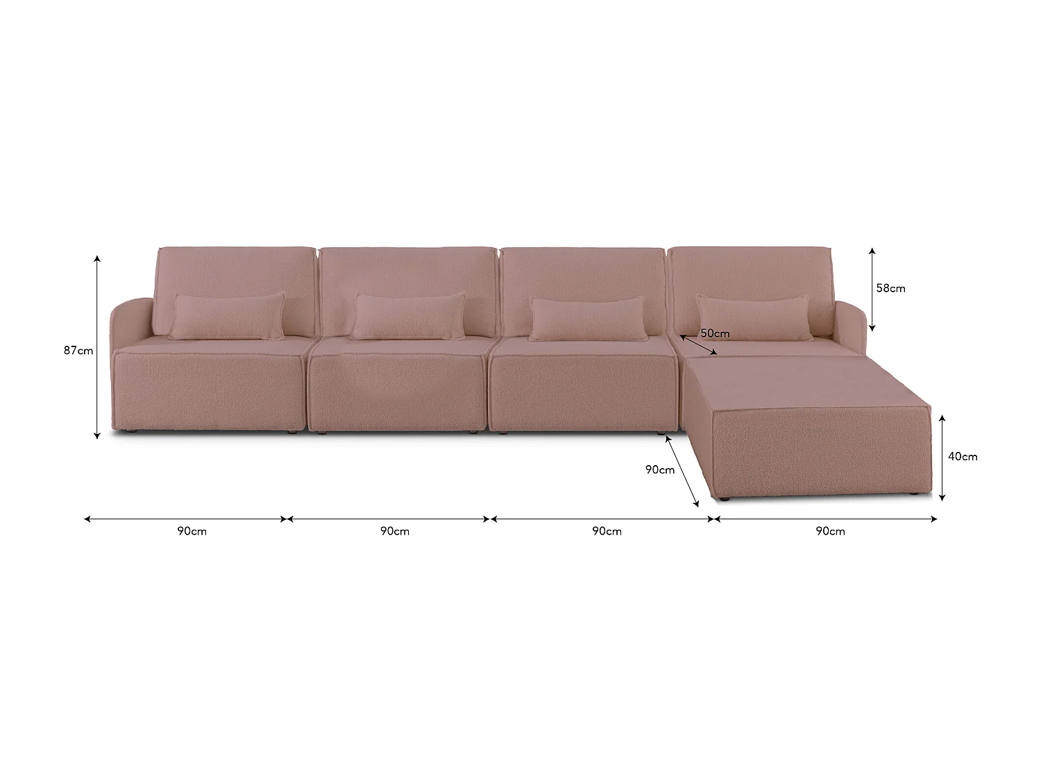 Canapé 4 places chaise longue en bouclé et en pin Rose clair