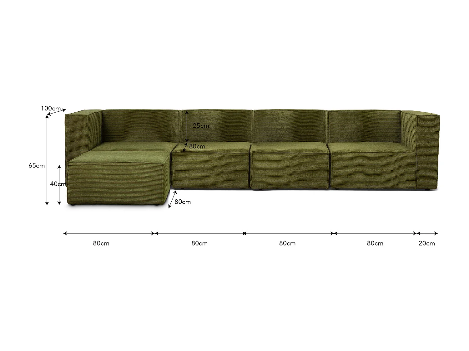 Sofa 4 plazas Chaiselongue tapizado pana verde