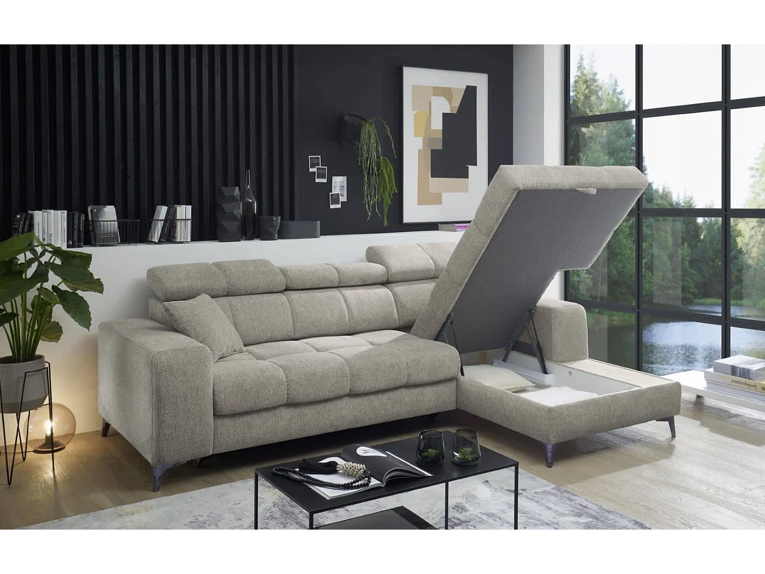 MYHOMELANDO hoekbank Sydney – L-vorm met elektrische zitverstelling en opbergruimte