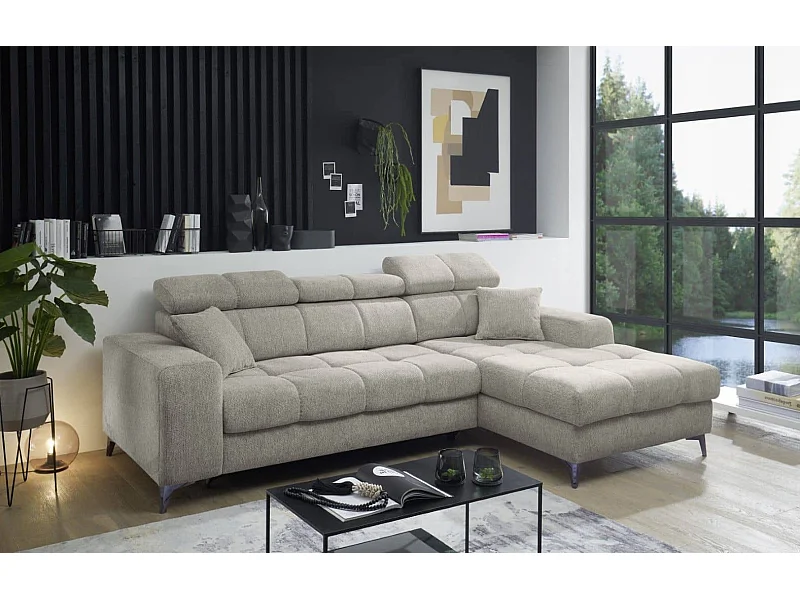 MYHOMELANDO canapé d’angle Sydney – forme en L avec avance électrique de l’assise et coffre de rangement