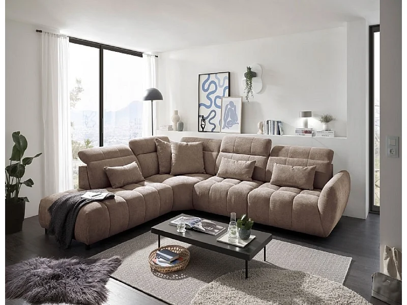 MYHOMELANDO Franklin canapé d’angle – forme en L en microfibre tissée, suspension Nosag et appuie-têtes réglables sur 5 positions