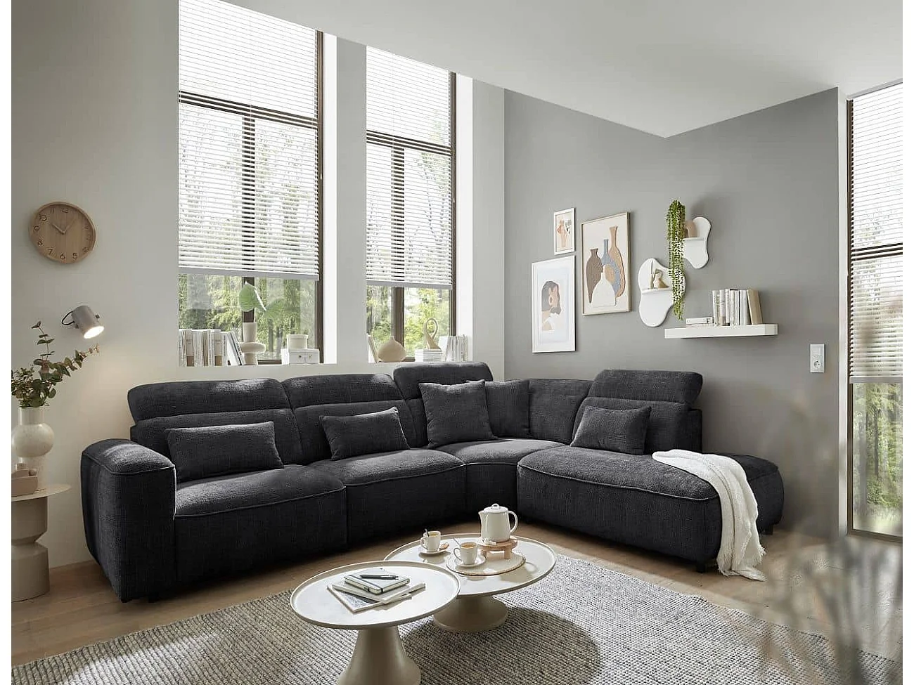 MYHOMELANDO Mansfield hoekbank – L-vorm met 5-voudig verstelbare hoofdsteunen, microvezel-chenille