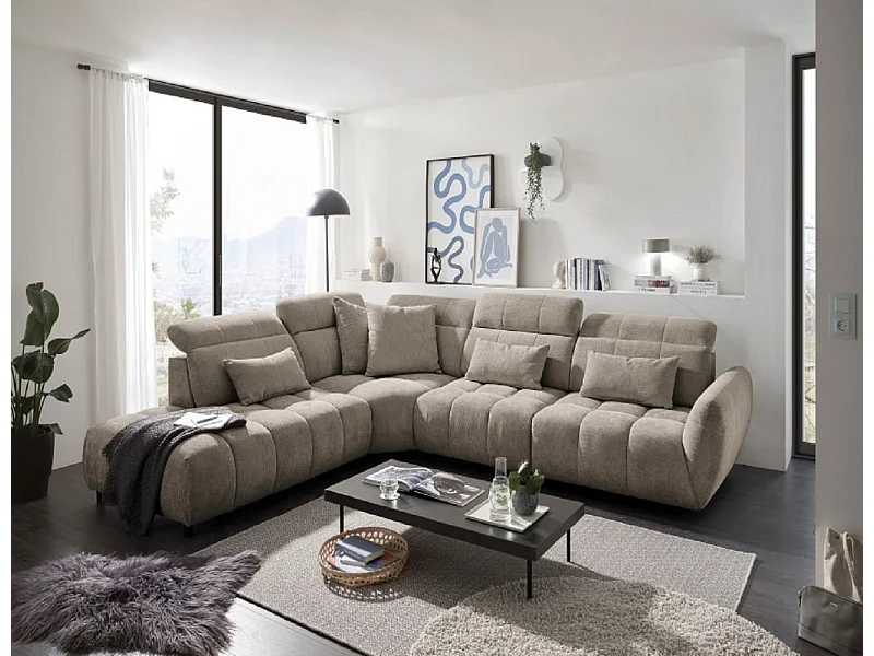 MYHOMELANDO Franklin canapé d’angle – forme en L en microfibre tissée, suspension Nosag et appuie-têtes réglables sur 5 positions