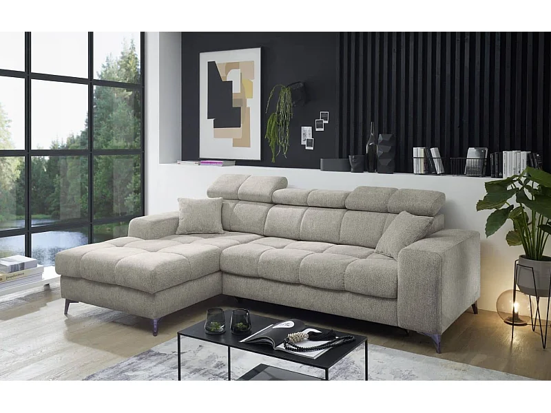 MYHOMELANDO canapé d’angle Sydney – forme en L avec avance électrique de l’assise et coffre de rangement