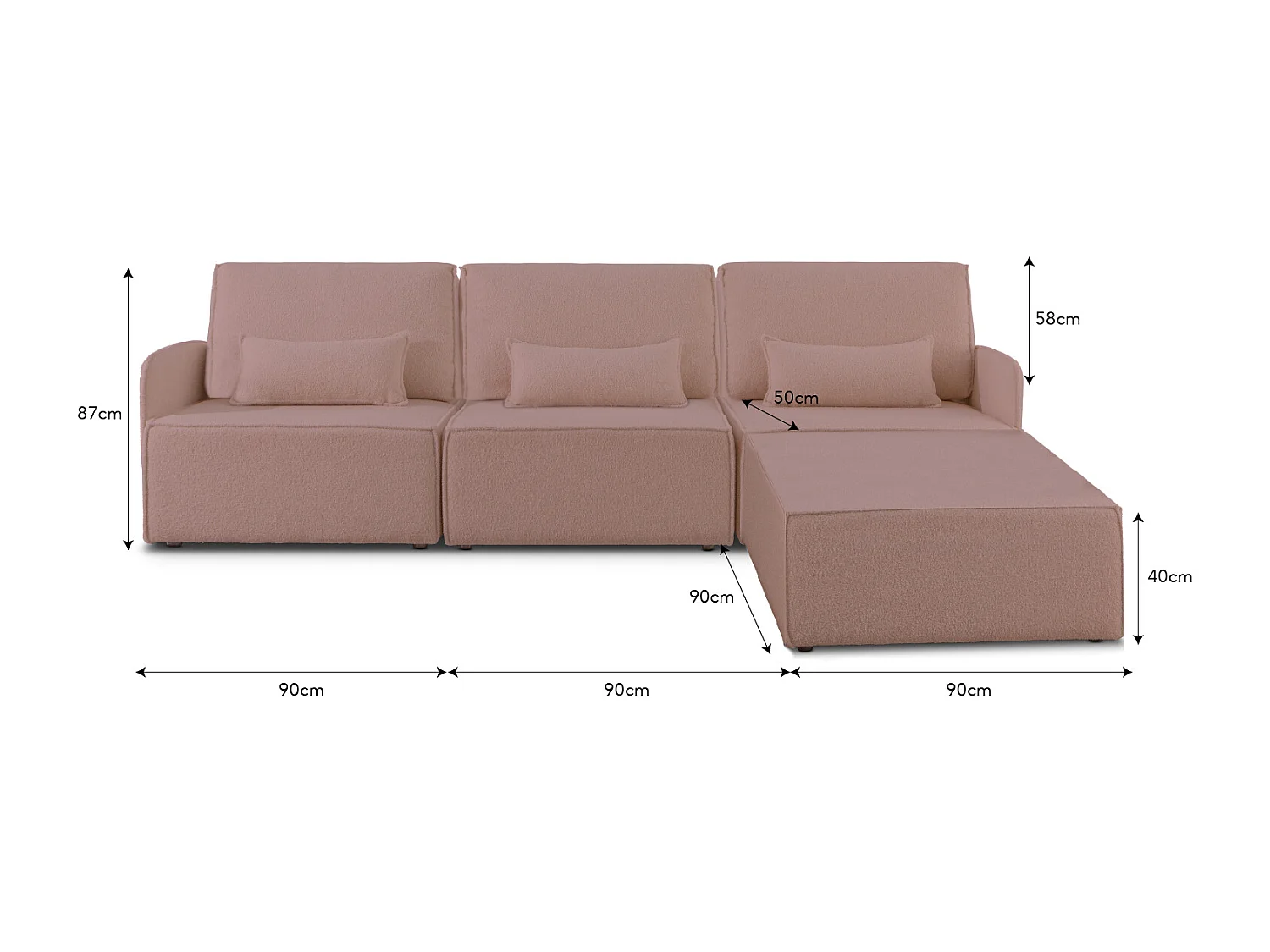 Canapé 3 places chaise longue en bouclé et en pin Rose clair