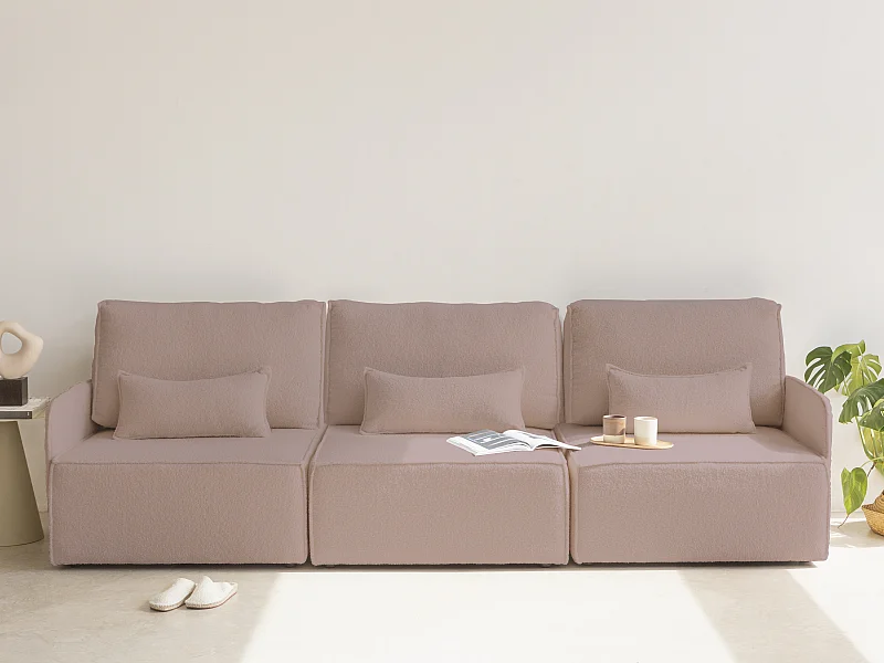 Canapé 3 places chaise longue en bouclé et en pin Rose clair