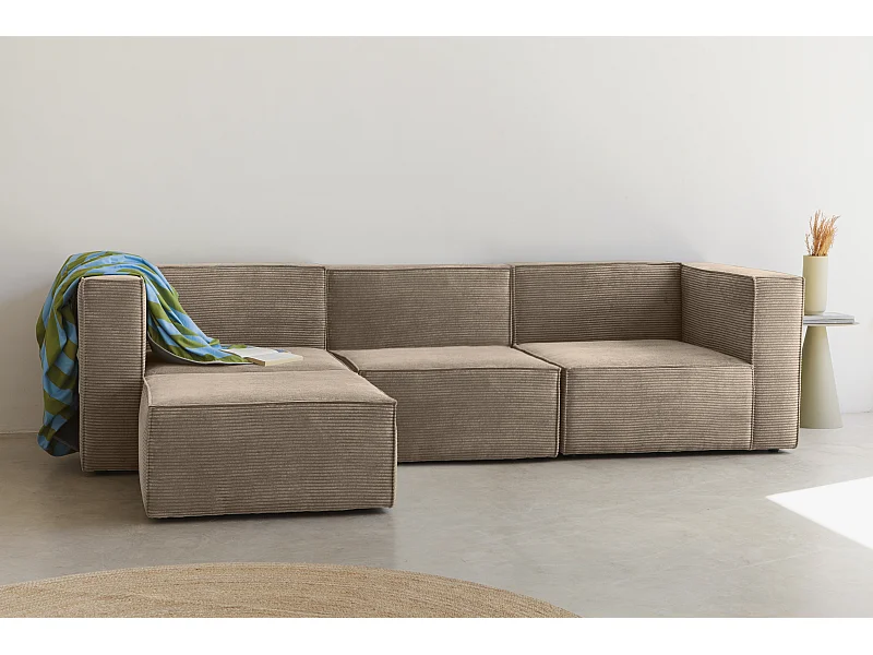 Canapé 4 places avec chaiselongue en velours côtelé pierre