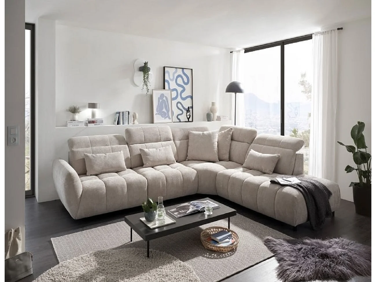 MYHOMELANDO Franklin hoekbank – L-vorm in microvezel-vlakweefsel, nosagvering en 5-voudig verstelbare hoofdsteunen