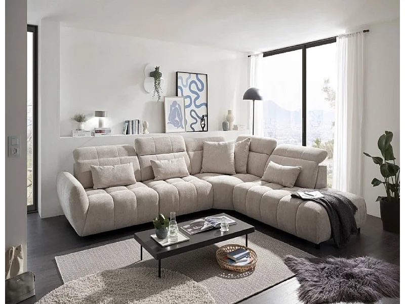 MYHOMELANDO Franklin hoekbank – L-vorm in microvezel-vlakweefsel, nosagvering en 5-voudig verstelbare hoofdsteunen