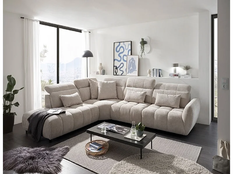 MYHOMELANDO Franklin canapé d’angle – forme en L en microfibre tissée, suspension Nosag et appuie-têtes réglables sur 5 positions