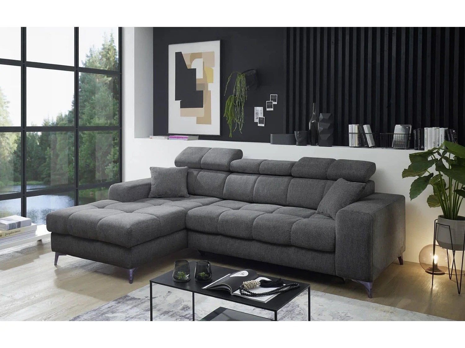 MYHOMELANDO canapé d’angle Sydney – forme en L avec avance électrique de l’assise et coffre de rangement