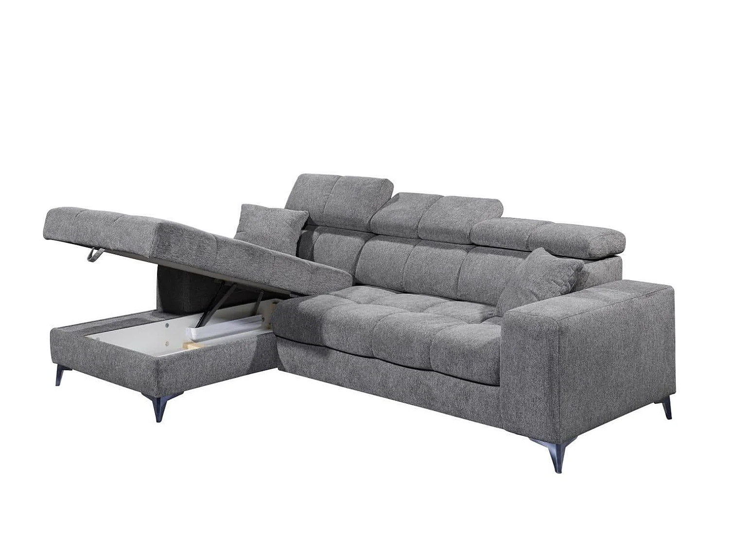 MYHOMELANDO canapé d’angle Sydney – forme en L avec avance électrique de l’assise et coffre de rangement
