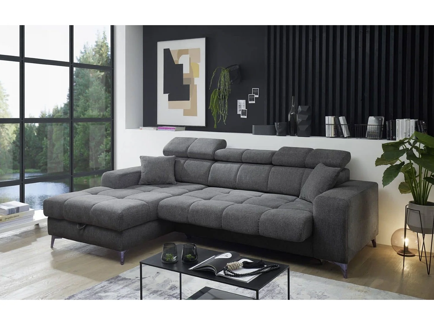 MYHOMELANDO canapé d’angle Sydney – forme en L avec avance électrique de l’assise et coffre de rangement