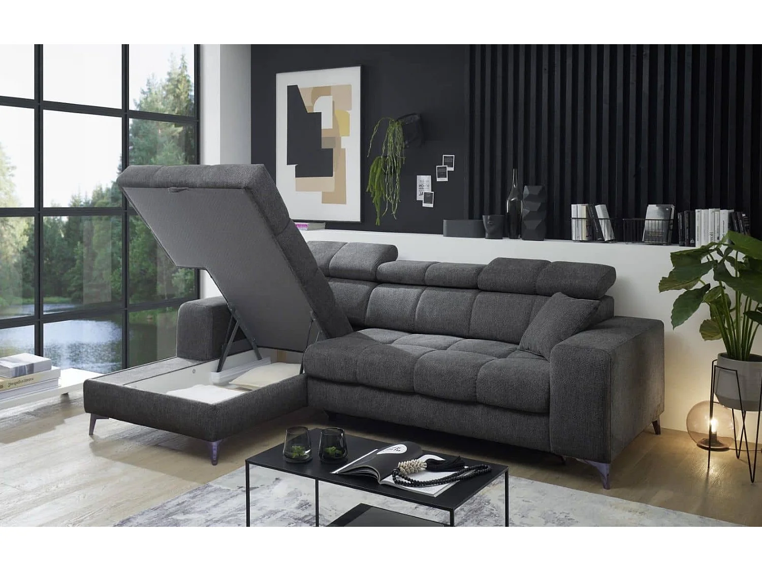 MYHOMELANDO canapé d’angle Sydney – forme en L avec avance électrique de l’assise et coffre de rangement