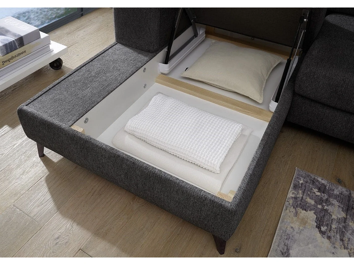 MYHOMELANDO canapé d’angle Sydney – forme en L avec avance électrique de l’assise et coffre de rangement