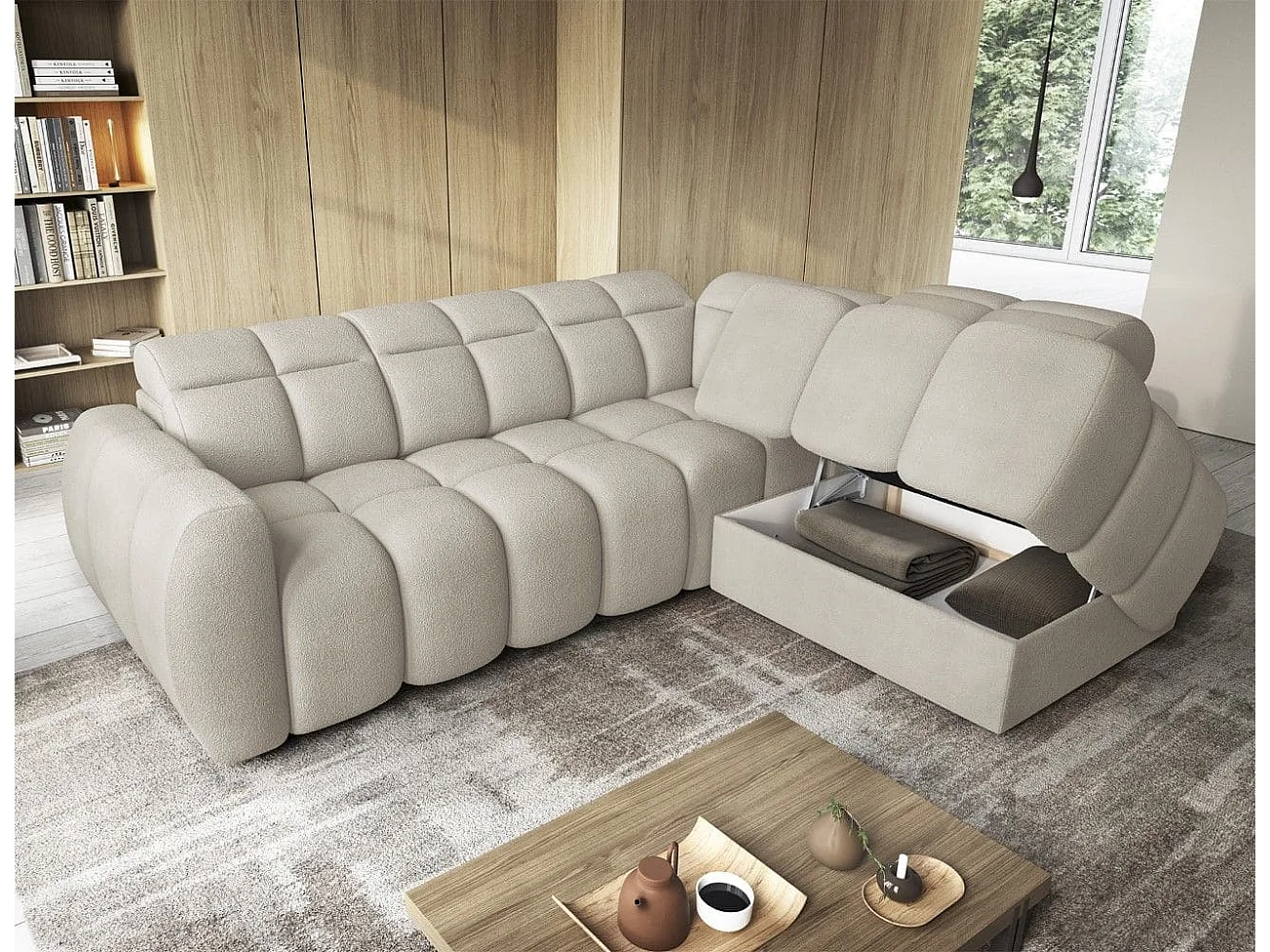 MYHOMELANDO Falconn canapé d’angle – forme en L avec avance électrique de l’assise, coffre de rangement et appuie-têtes réglables