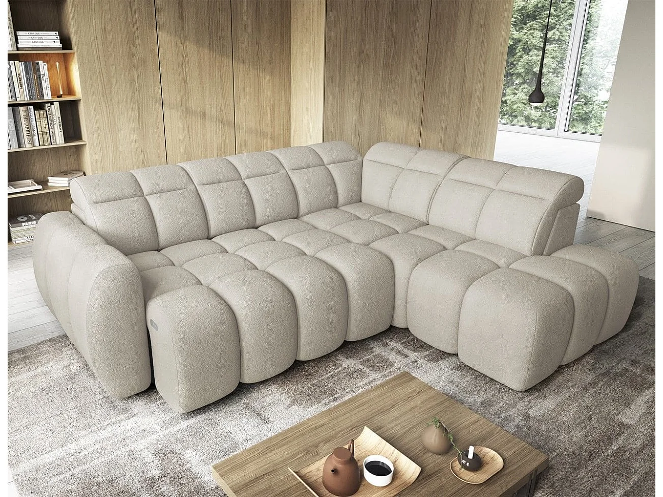 MYHOMELANDO Falconn canapé d’angle – forme en L avec avance électrique de l’assise, coffre de rangement et appuie-têtes réglables