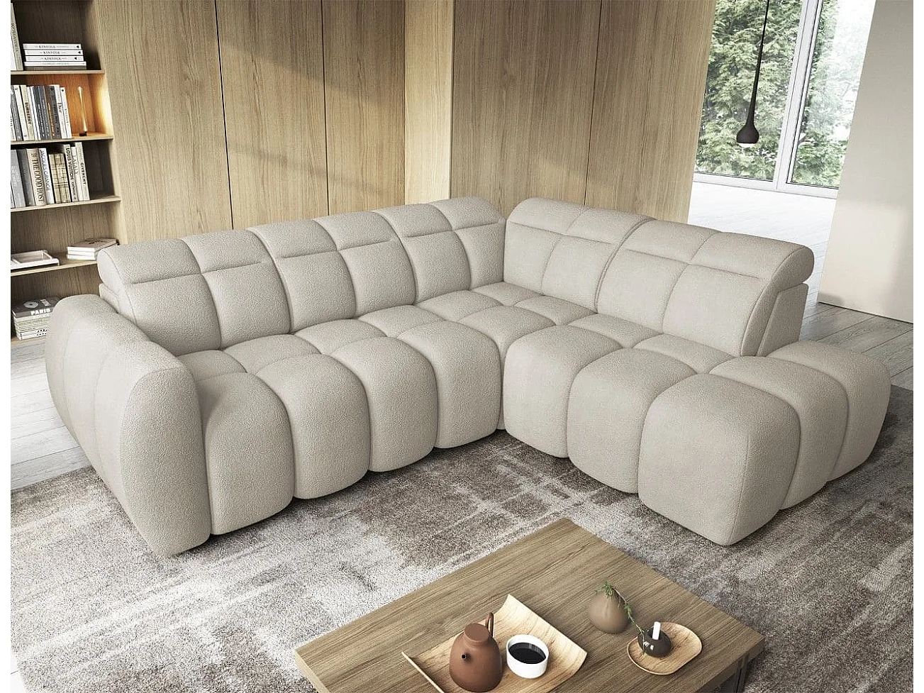 MYHOMELANDO Falconn canapé d’angle – forme en L avec avance électrique de l’assise, coffre de rangement et appuie-têtes réglables