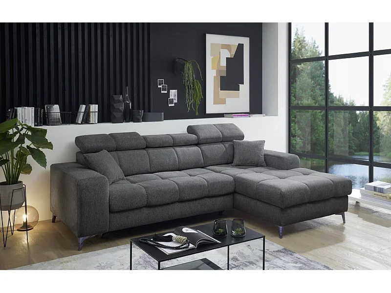 MYHOMELANDO canapé d’angle Sydney – forme en L avec avance électrique de l’assise et coffre de rangement