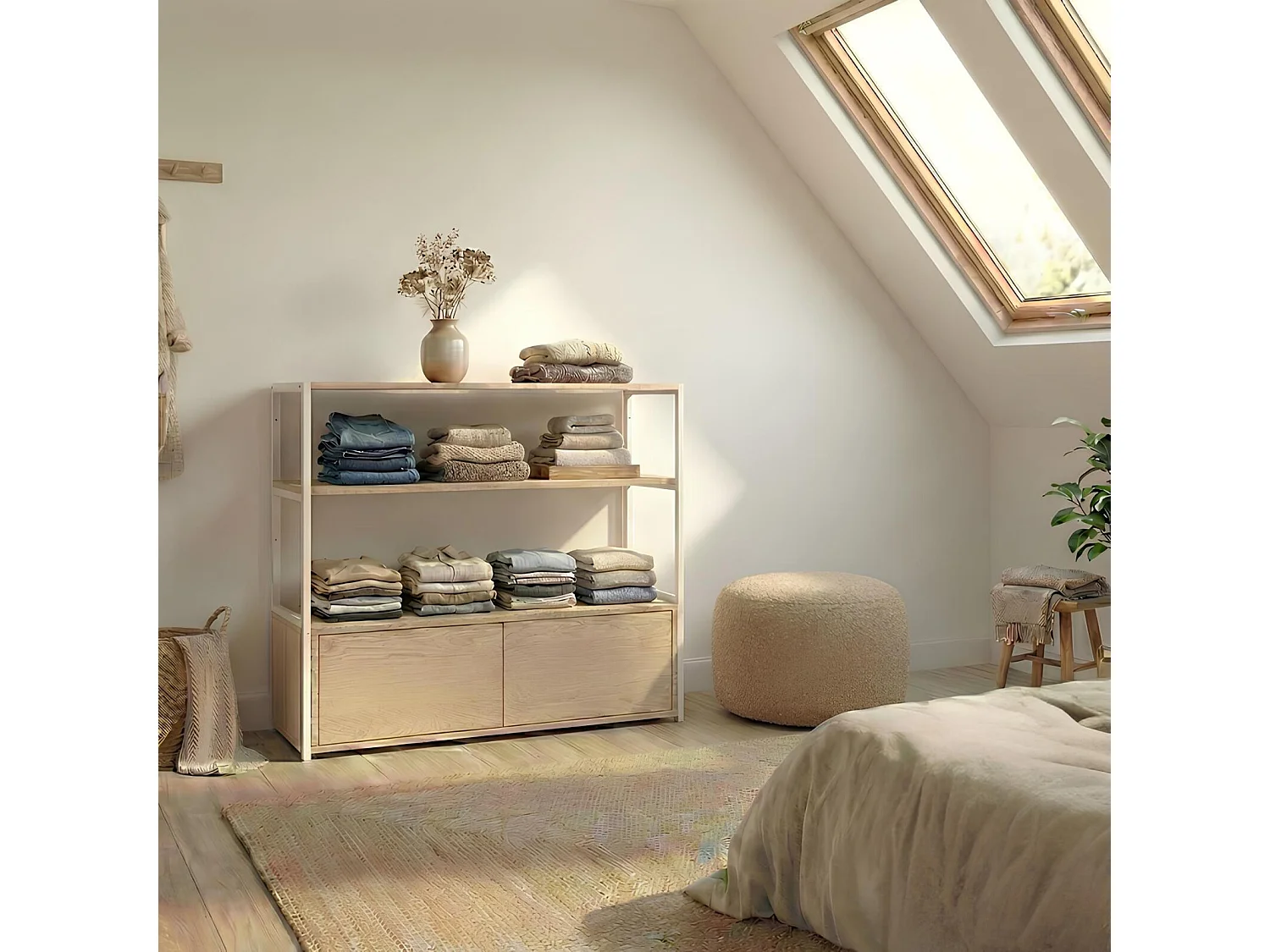 KADRA Dachboden-Kleiderständer 100x85cm mit Kleiderschrank und Schubladen