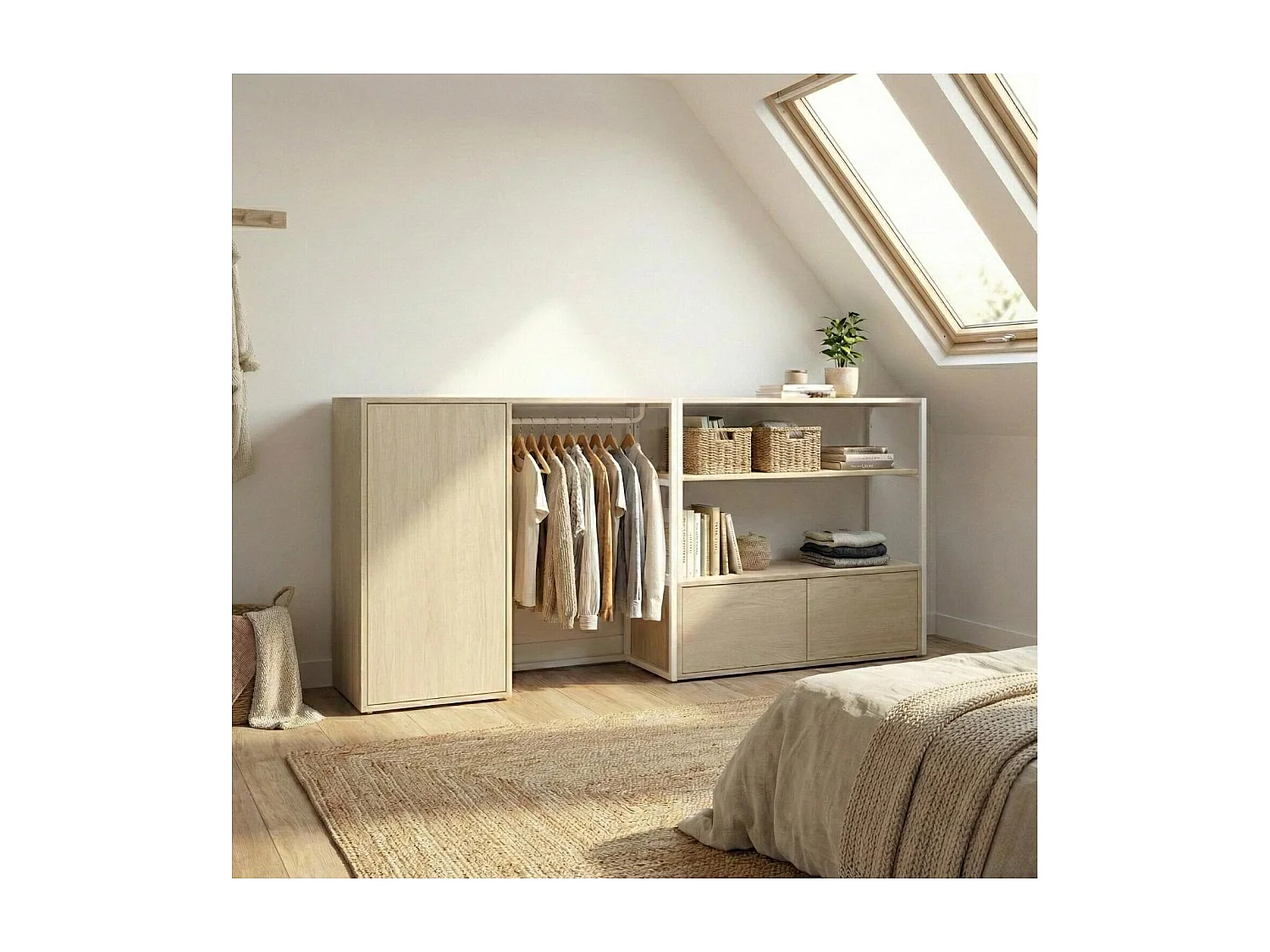 KADRA Dachboden-Kleiderständer 100x85cm mit Kleiderschrank und Schubladen