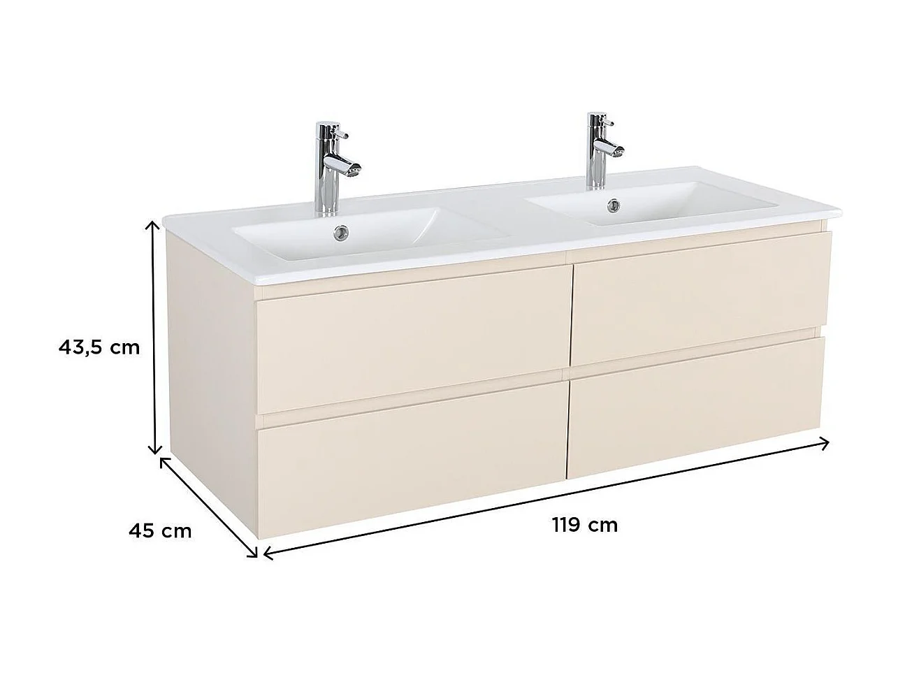 Dubbele wastafelmeubel van 120 cm met keramisch werkblad en chromen kranen SORRENTO