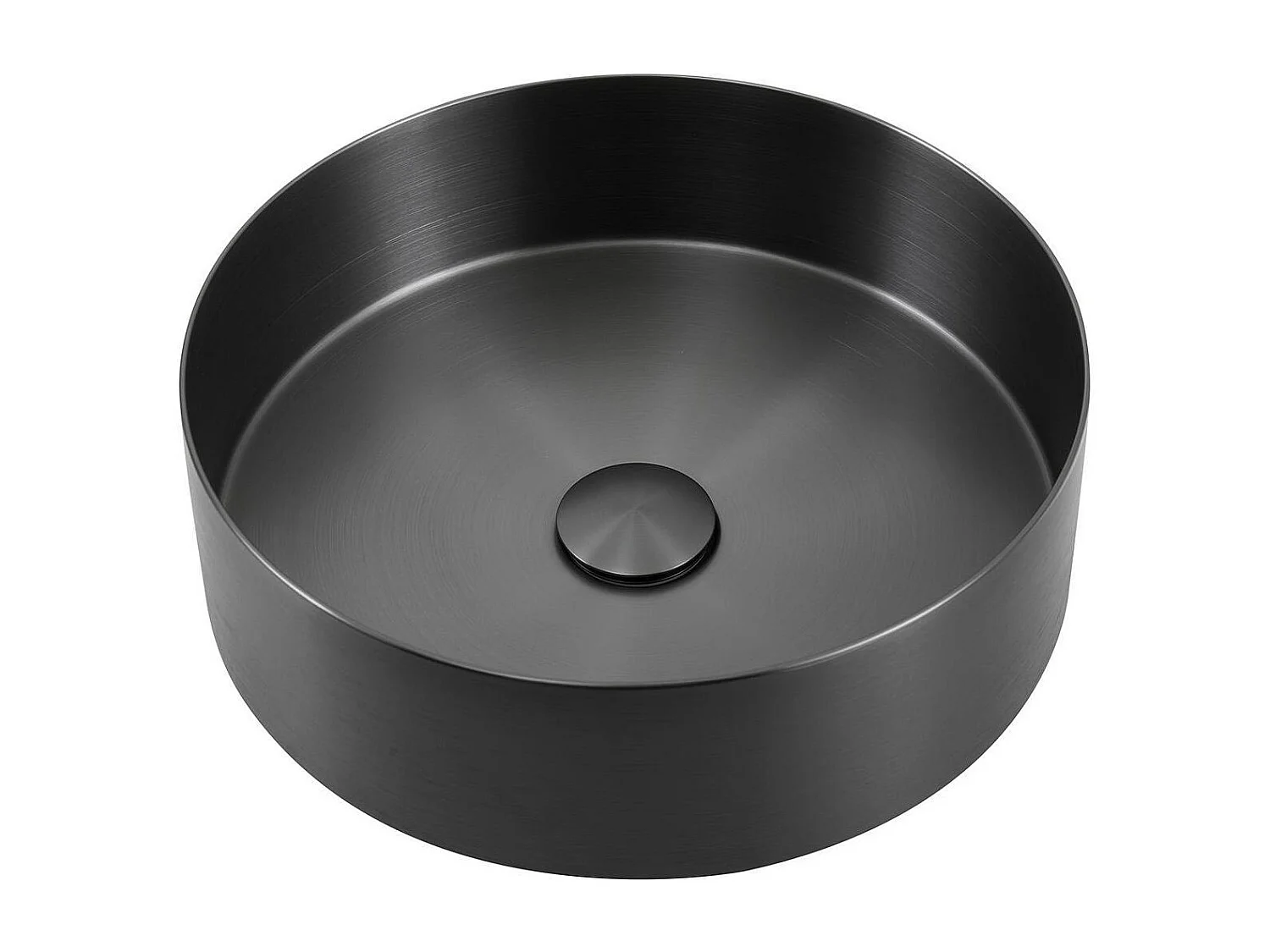 Rundes, schwarzes Edelstahl-Aufsatzwaschbecken, 36 cm, mit passendem Ablaufgarnitur