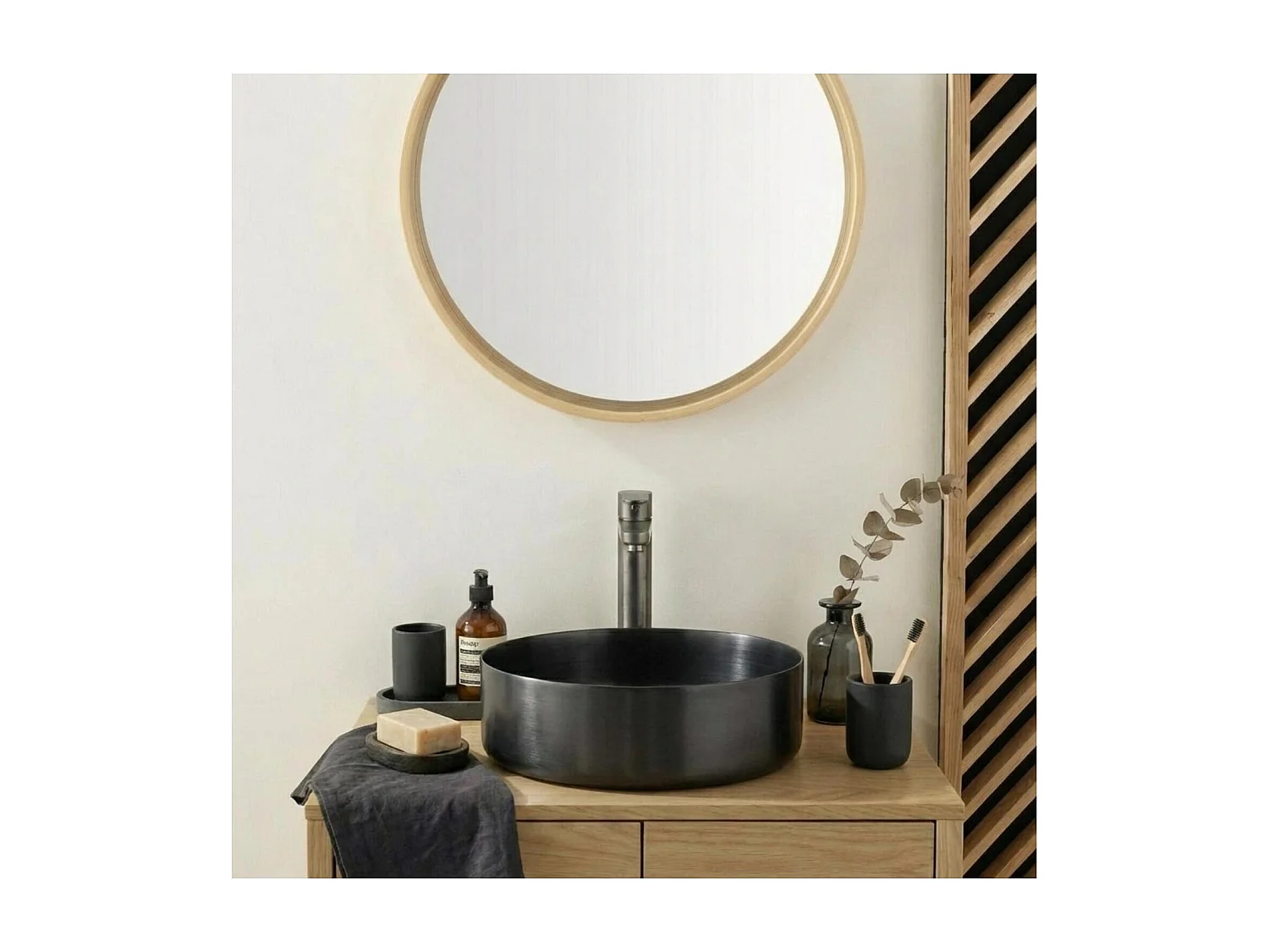 Rundes, schwarzes Edelstahl-Aufsatzwaschbecken, 36 cm, mit passendem Ablaufgarnitur