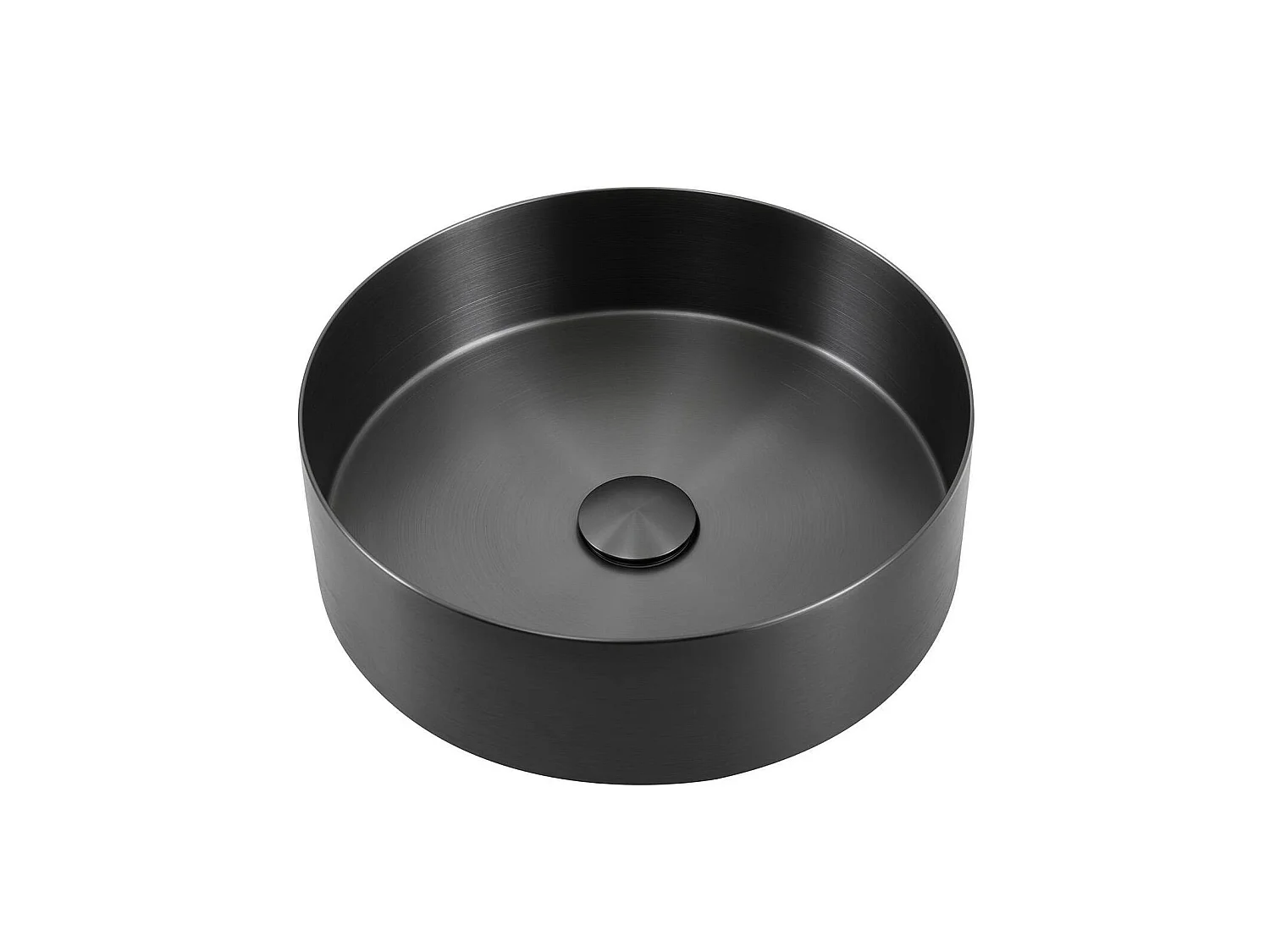 Lavabo sobre encimera redondo de acero inoxidable negro, 36 cm, con desagüe a juego