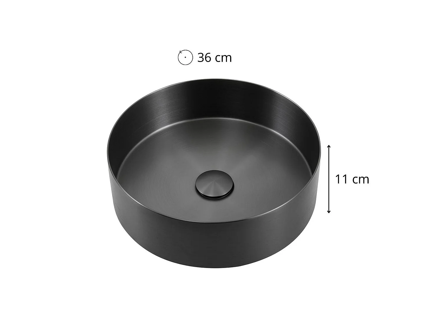 Lavabo sobre encimera redondo de acero inoxidable negro, 36 cm, con desagüe a juego