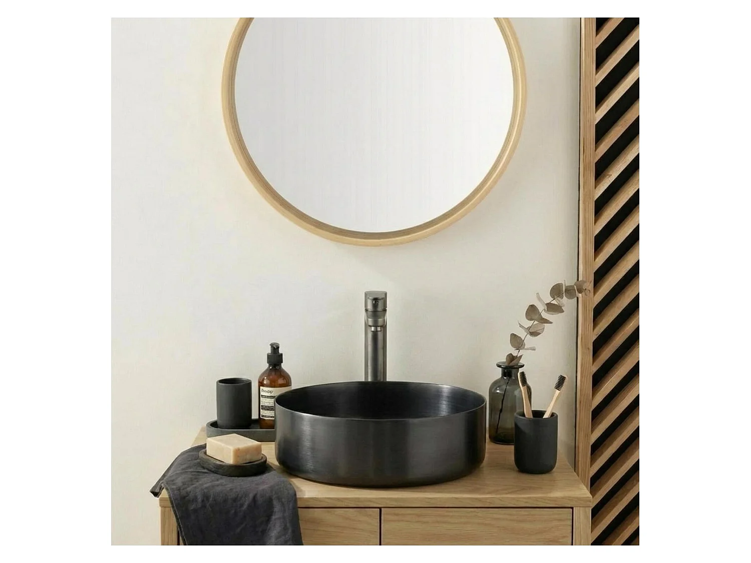 Lavabo sobre encimera redondo de acero inoxidable negro, 36 cm, con desagüe a juego