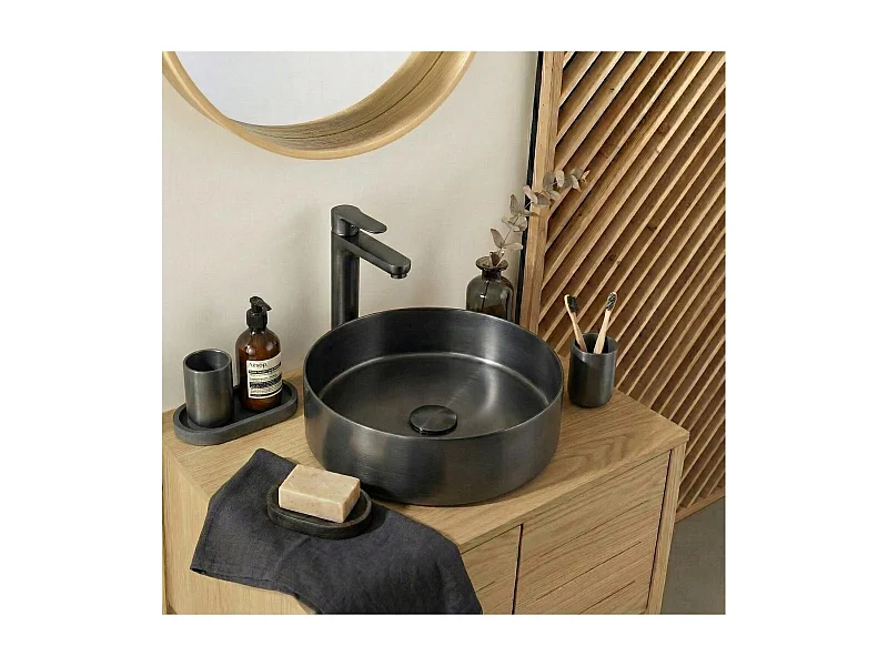 Rundes, schwarzes Edelstahl-Aufsatzwaschbecken, 36 cm, mit passendem Ablaufgarnitur